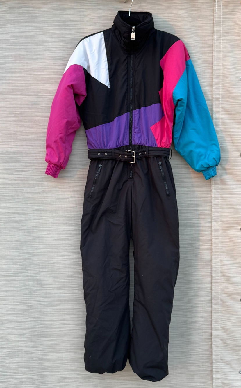Vintage Ski-Lion Ski One Piece Belted Suit Womens Size M Pink Teal Color Block